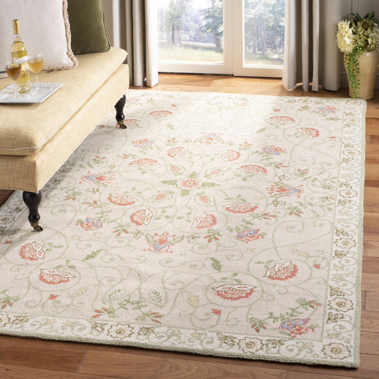Lark Manor Hollander Floral HandHooked Wool Beige/Green Area Rug